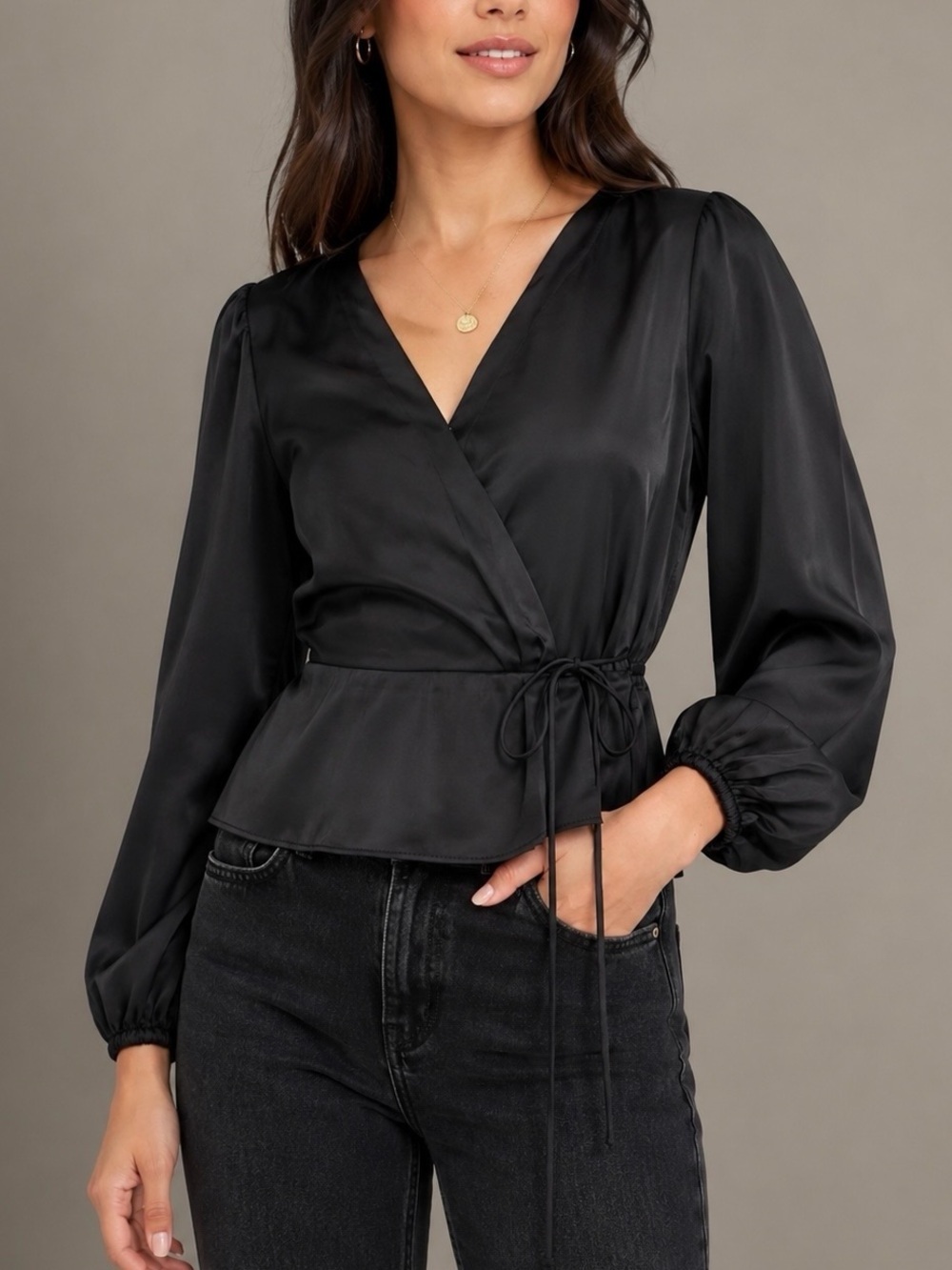 NWT Abercrombie & Fitch Black Satin Wrap Front Blouse Size XS